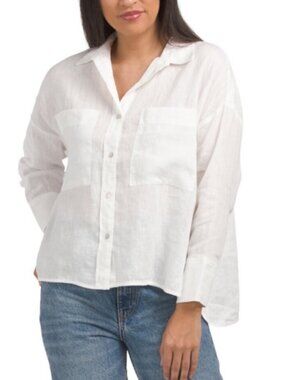 Magaschoni 100% Linen Roll Tab Sleeve Collar Button Down Pocket Shirt